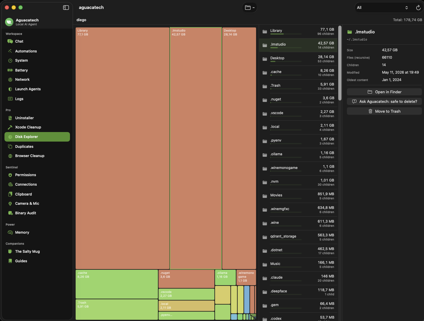 Aguacatech Disk Explorer showing a squarified TreeMap of folder sizes with a detail panel.
