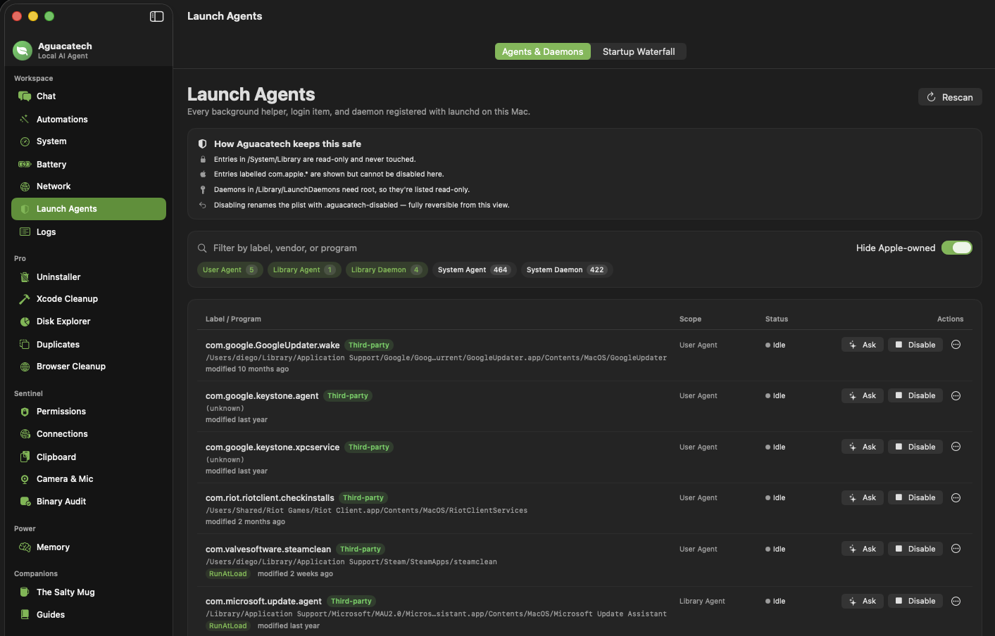 Aguacatech Launch Agents inspector listing third-party launchd entries with disable controls.