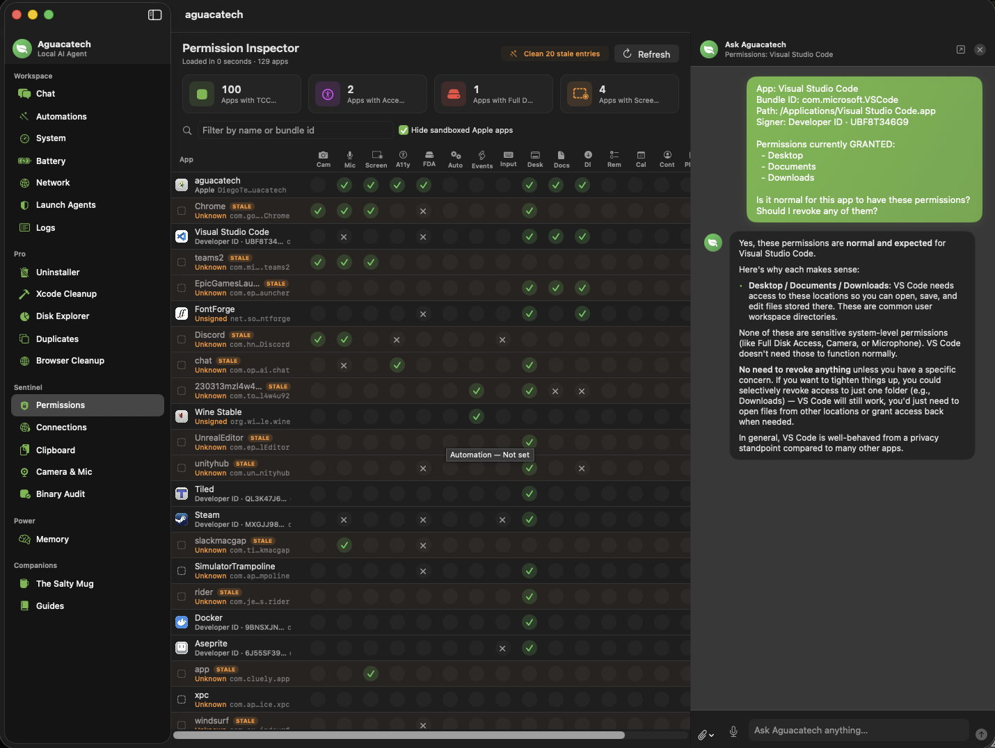 Aguacatech Permission Inspector showing a grid of apps and their TCC grants, with an inline LLM explanation panel.